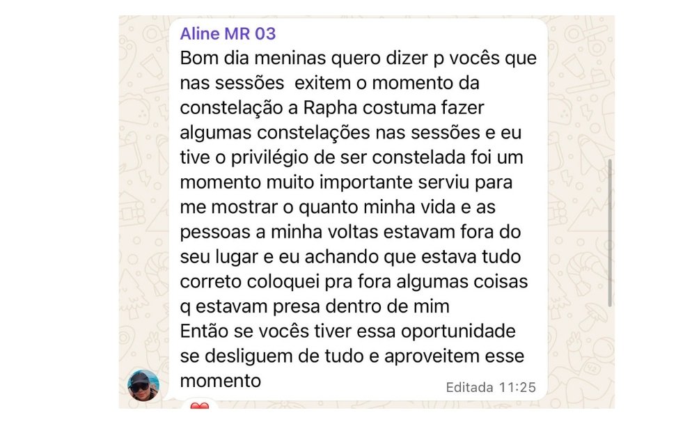 Depoimento de Aline sobre a constelação nas sessões